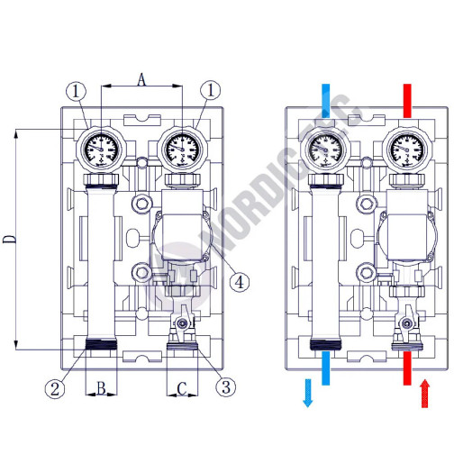 Module hydraulique sans mélange pour chauffage au sol dessin technique