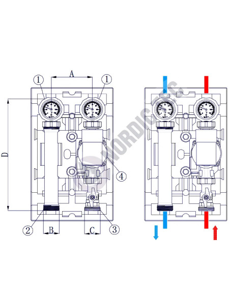 Module hydraulique sans mélange pour chauffage au sol dessin technique